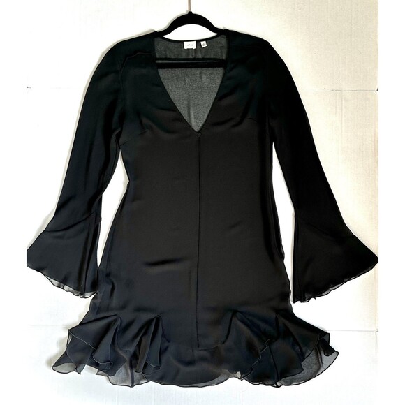 Aritzia Wilfred Folia Black Sheer V-Neck Ruffle Mini Dress Women's Size Small - Picture 1 of 9